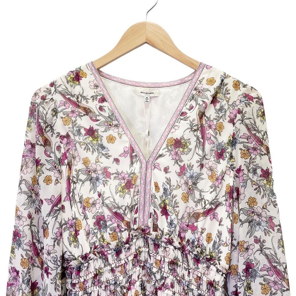 NWT Max Studio Smocked Cream Pink Floral Bird Print Mini Dress Size Medium NEW - Picture 5 of 14